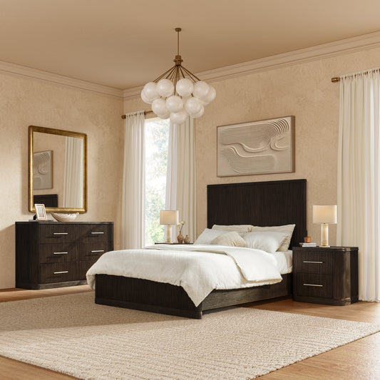 4-Piece Modern Fluted Solid Wood Bedroom Set with Oak Texture