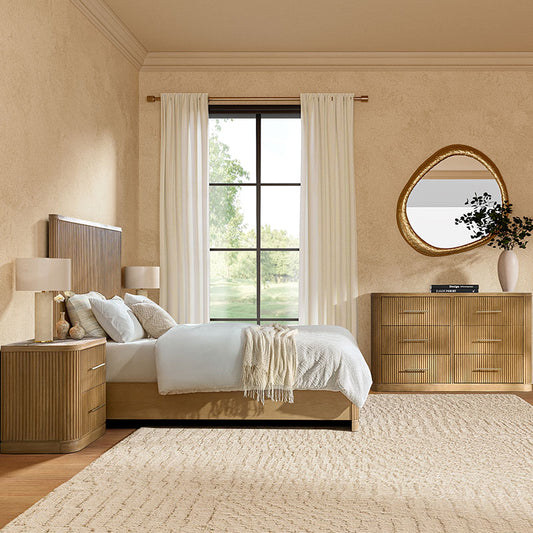 natural bedroom set with fluted bed, modern and nightstands in minimalist space,side view