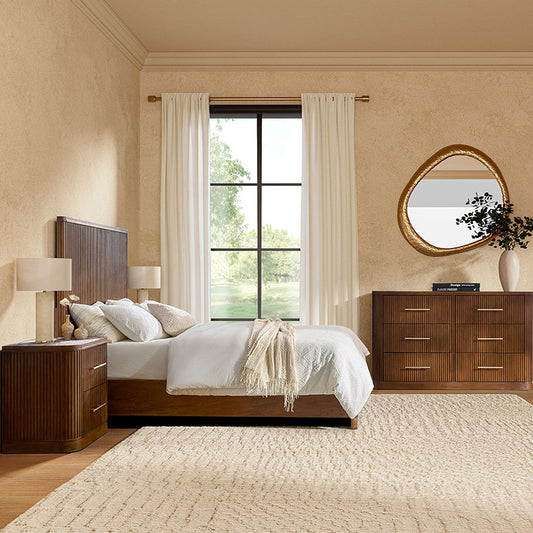 Walnut bedroom set with fluted bed, modern and nightstands in minimalist space,side view