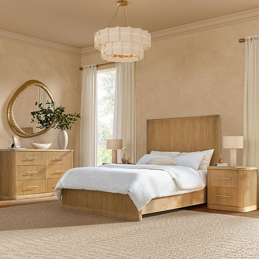 Natural bedroom set with fluted bed, modern and nightstands in minimalist space.