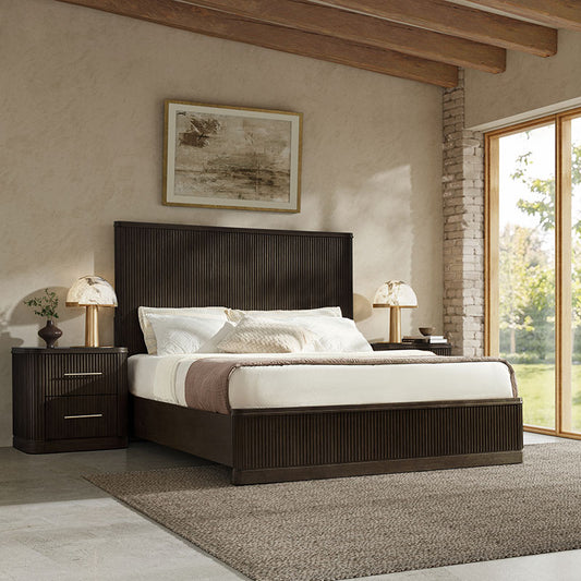 3-Piece Modern Fluted Solid Wood Bedroom Set with Oak Texture