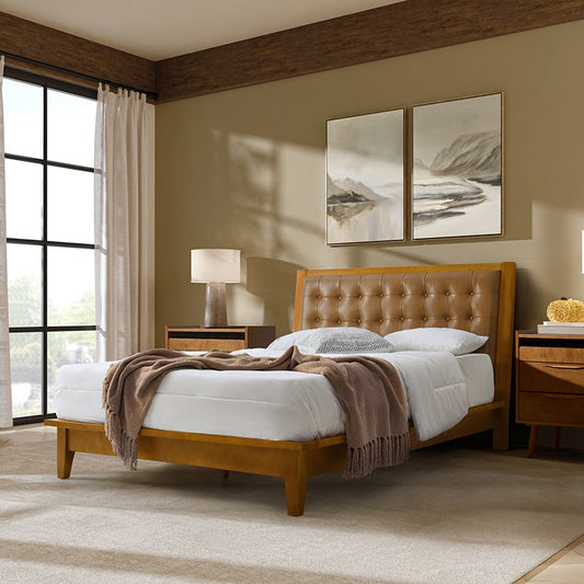 Genuine Leather Solid Wood Platform Bed