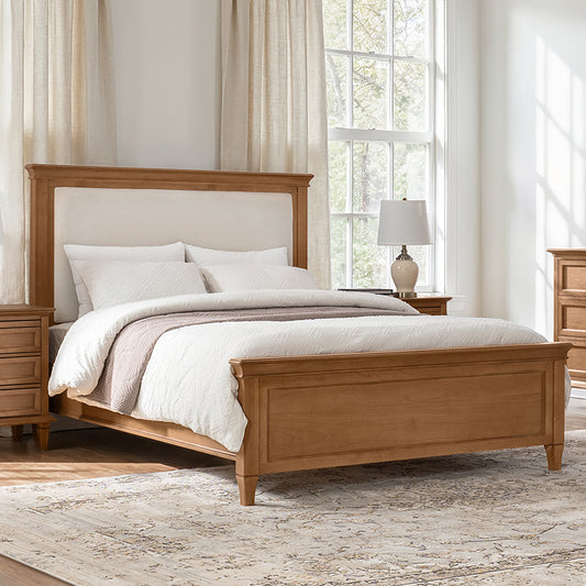 Traditional Solid Wood Bed with Upholstered Headboard