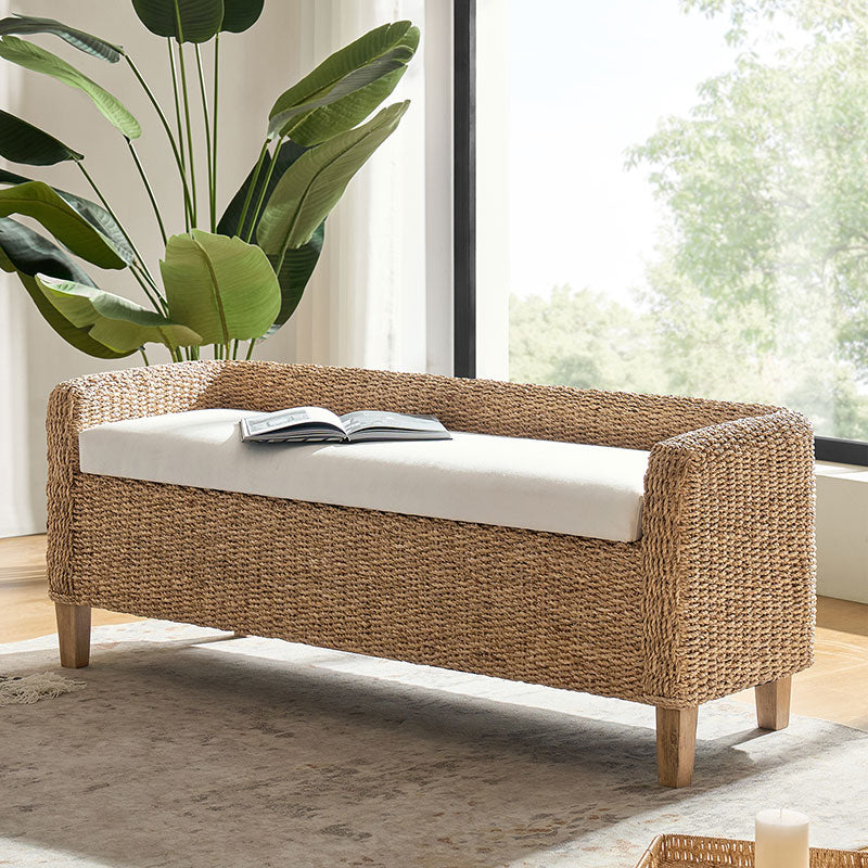 Rattan Bench with Storage and Cream Cushion HULALA HOME