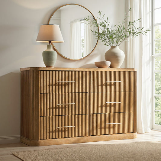 Modern Solid Wood Fluted Dresser with 6 Drawers & Oak Texture