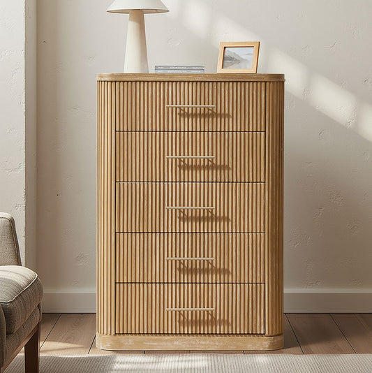 Modern Solid Wood Fluted Chest with 5 Drawers & Oak Texture