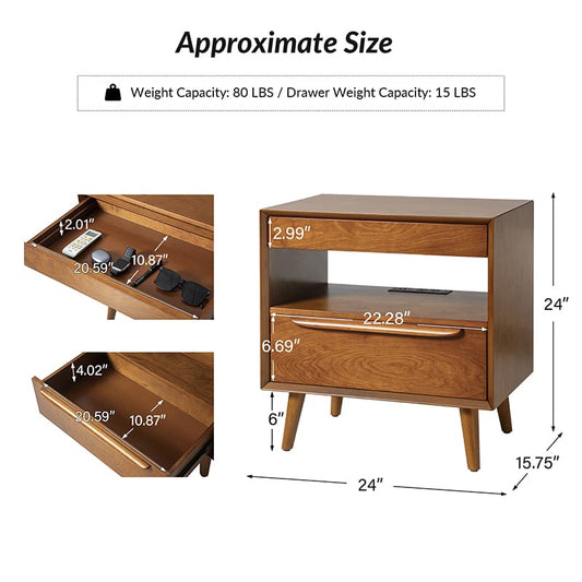 Giralda 2-Drawer Mid-century Modern End Table with Built-In Outlets(Optional Types)