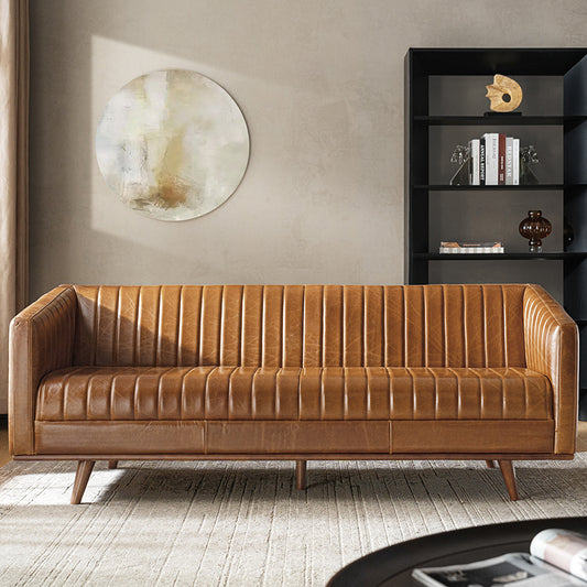 Gaia Mid-Century Genuine Leather Sofa with Vertical Channel Tufting