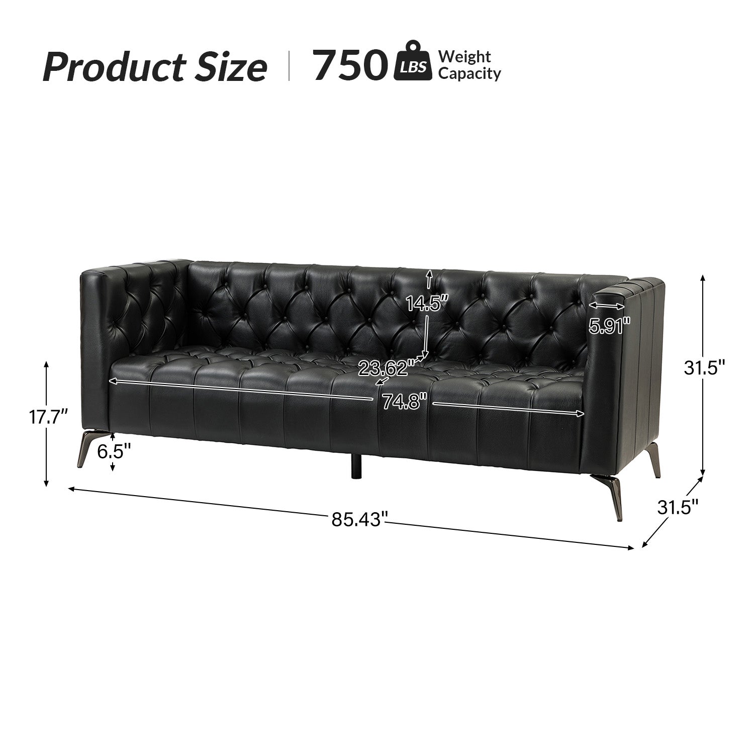 Paulina 85.43" Wide Genuine Leather Sofa