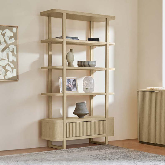 Modern Fluted Wood Bookshelf with Cabinet Storage