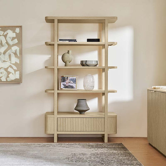 Modern Fluted Wood Bookshelf with Cabinet Storage