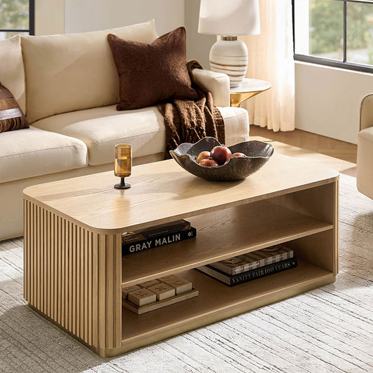 Esteban Modern Fluted Wood Coffee Table with Metal Base
