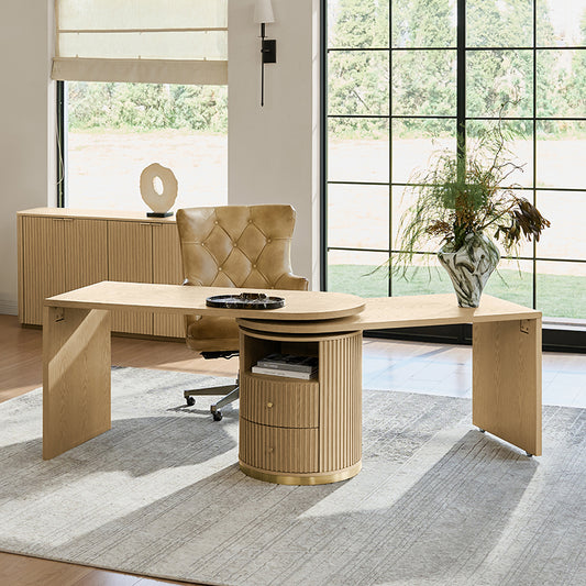 Modern Fluted L shaped 360 Rotating Wooden Office Desk