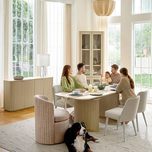 Dario 8-Piece Modern Light Luxury Dining Set with Extendable Table,Upholstered Chairs & Sideboard