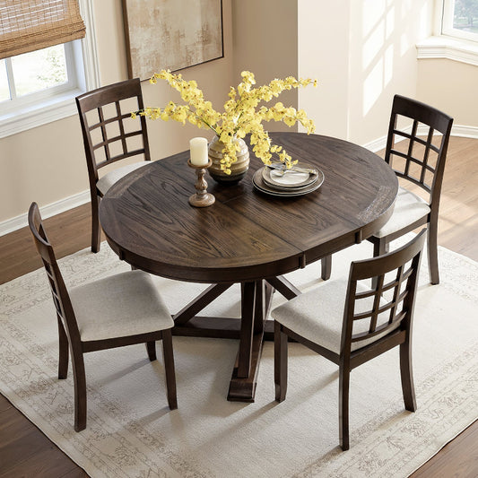5-Piece American Country Extendable Round Dining Table with Solid Wood Chairs