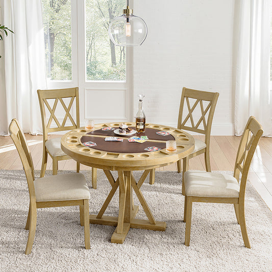 6-Piece 42“ Solid Wood Dual-Purpose Game & Dining Table with Drink Holders