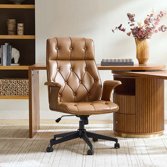Brigida Curved Wood Back Genuine Leather Office Chair