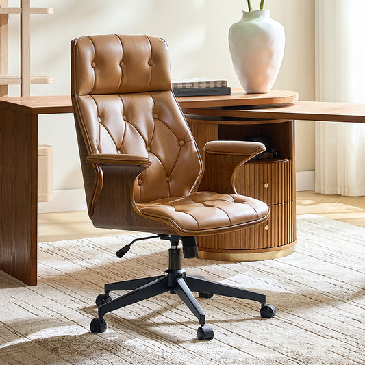 Brigida Curved Wood Back Genuine Leather Office Chair