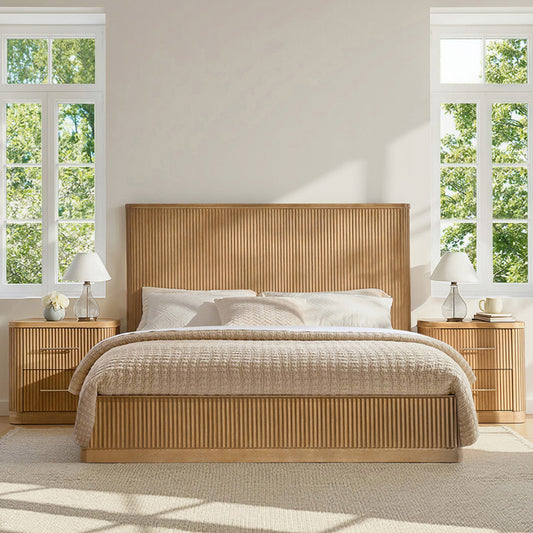 3-Piece Modern Fluted Solid Wood Bedroom Set with Oak Texture