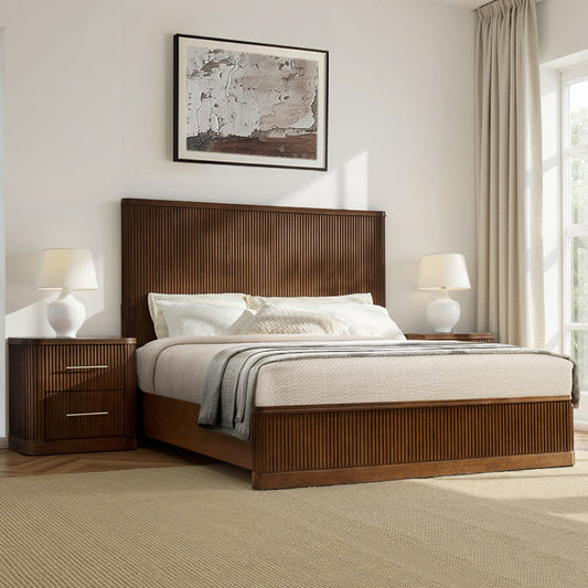 Modern walnut/natural fluted 3-piece bedroom set with bed and nightstands in neutral room,side view
