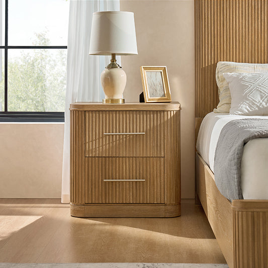 Fluted natural nightstand with USB and Type-C charging beside matching bed