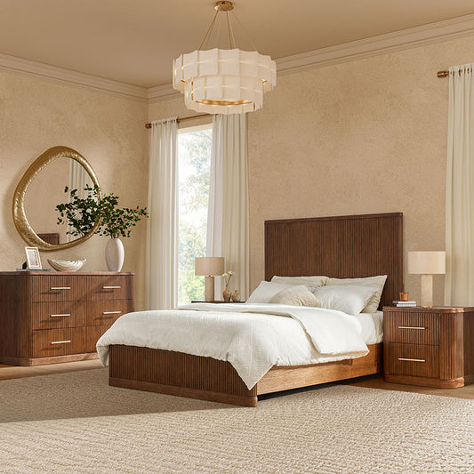 Walnut bedroom set with fluted bed, modern and nightstands in minimalist space