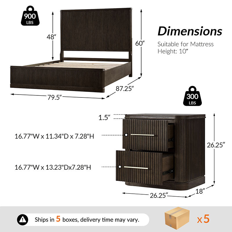 3-Piece Modern Fluted Solid Wood Bedroom Set with Oak Texture