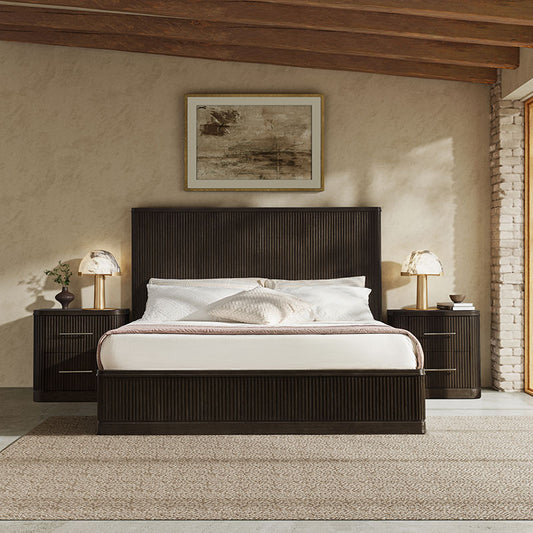 3-Piece Modern Fluted Solid Wood Bedroom Set with Oak Texture