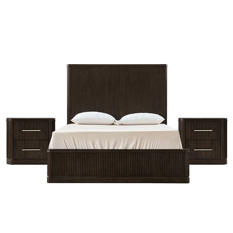 3-Piece Modern Fluted Solid Wood Bedroom Set with Oak Texture