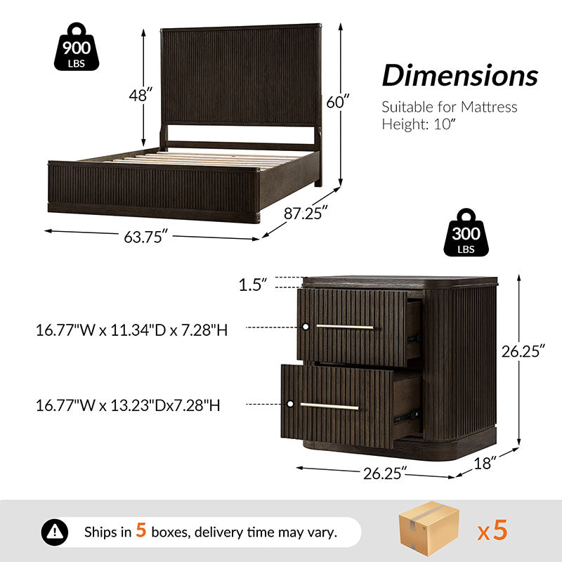 3-Piece Modern Fluted Solid Wood Bedroom Set with Oak Texture