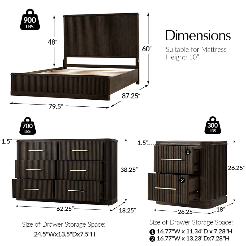4-Piece Modern Fluted Solid Wood Bedroom Set with Oak Texture