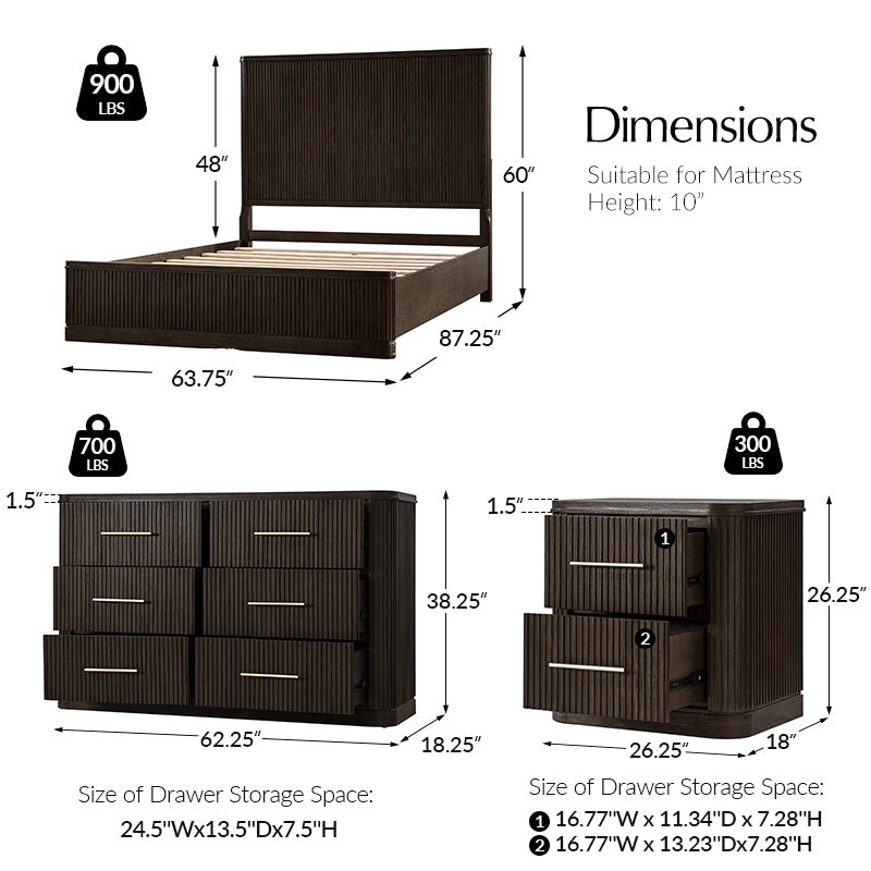 4-Piece Modern Fluted Solid Wood Bedroom Set with Oak Texture