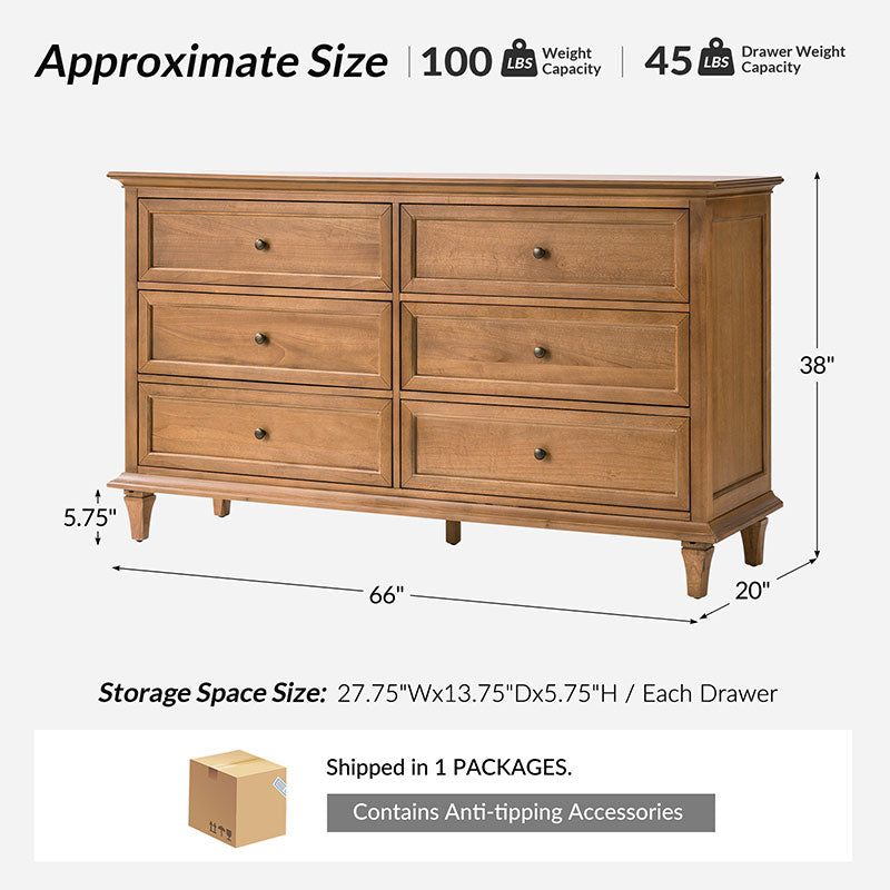 4-Piece Transitional Solid Wood Bedroom Set with 6-Drawer Dresser