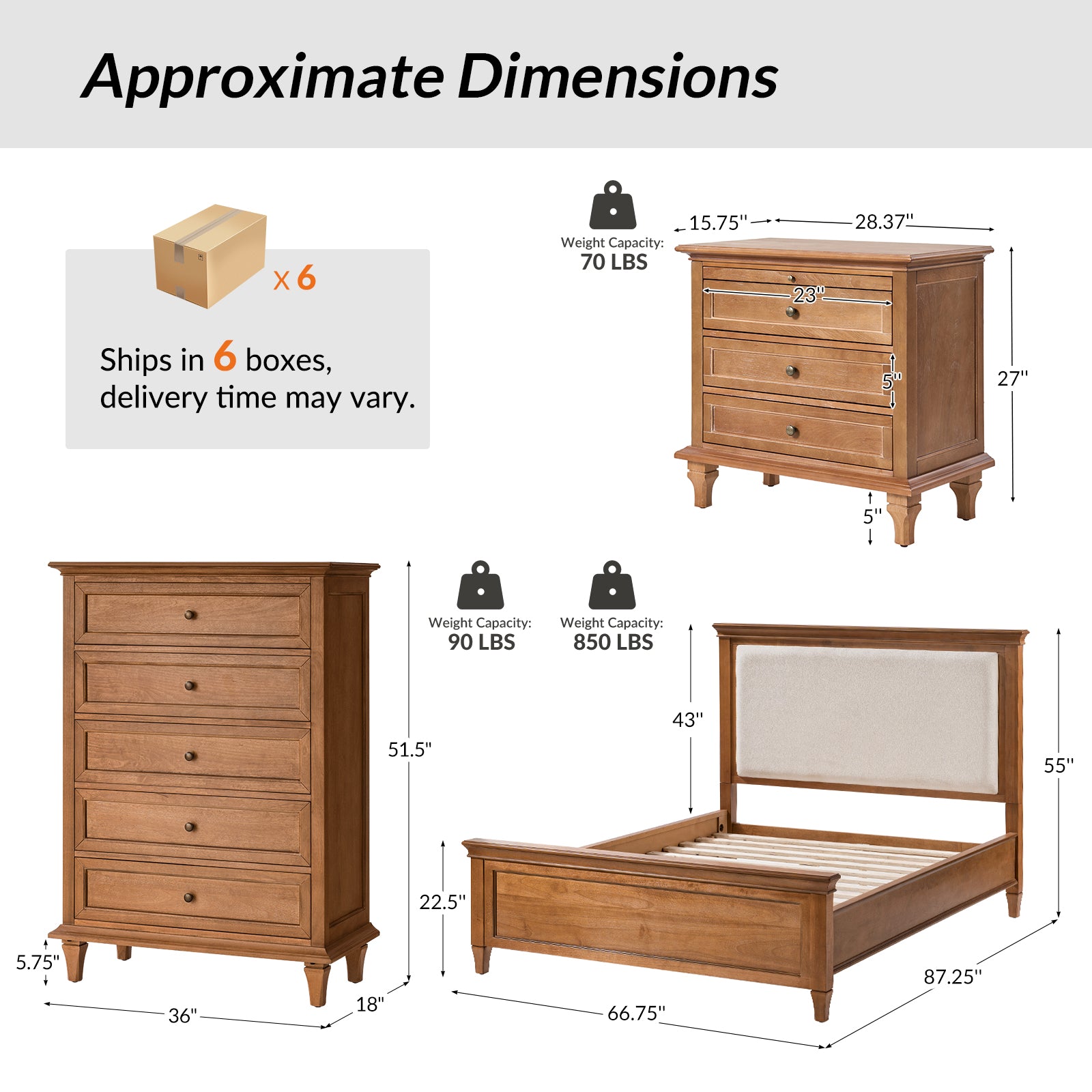 4-Piece Transitional Solid Wood Bedroom Set with 5-Drawer Dresser
