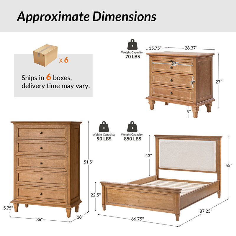 4-Piece Transitional Solid Wood Bedroom Set with 5-Drawer Dresser