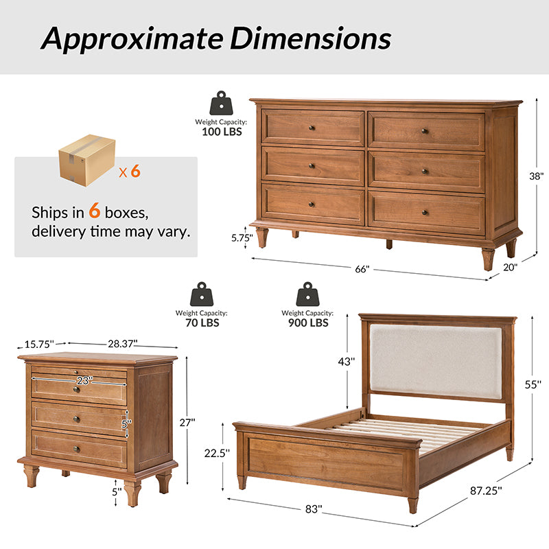 4-Piece Transitional Solid Wood Bedroom Set with 6-Drawer Dresser