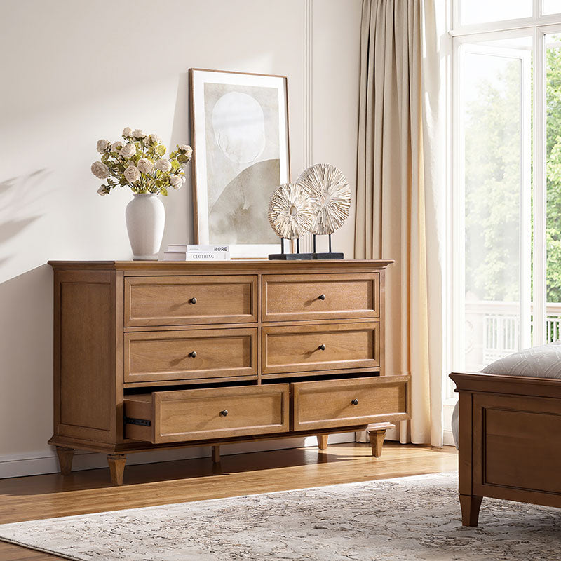 4-Piece Transitional Solid Wood Bedroom Set with 6-Drawer Dresser