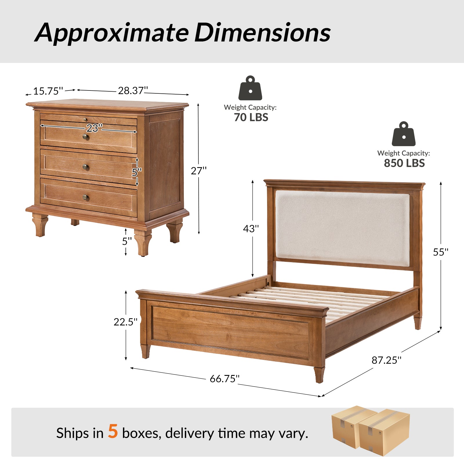 3-Piece Transitional Solid Wood Bedroom Set with Nightstands