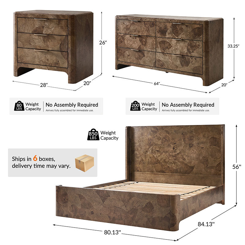 Virel 4-Piece Modern Marquetry Bedroom Set with 6-Drawer Dresser