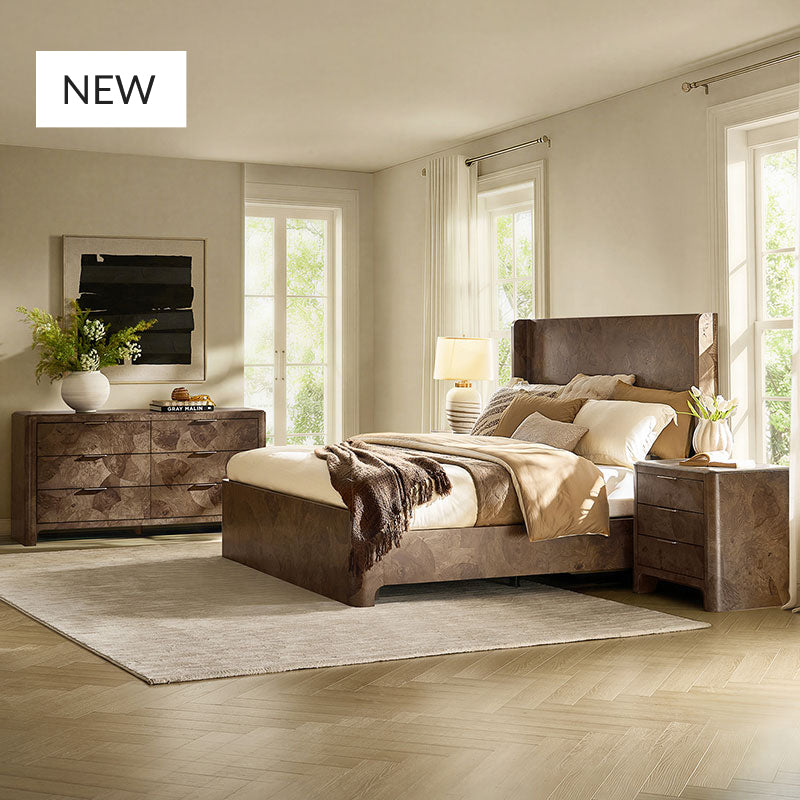Virel 4-Piece Modern Marquetry Bedroom Set with 6-Drawer Dresser