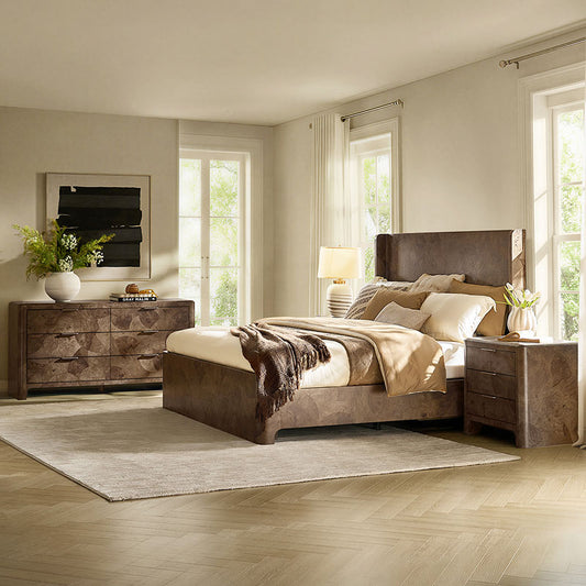 Virel 4-Piece Modern Marquetry Bedroom Set with 6-Drawer Dresser