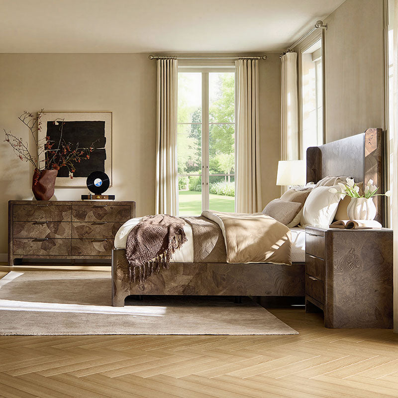 Virel 4-Piece Modern Marquetry Bedroom Set with 6-Drawer Dresser