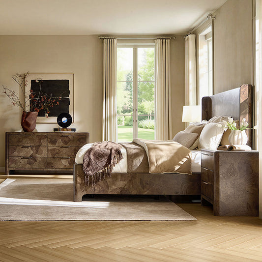 Virel 4-Piece Modern Marquetry Bedroom Set with 6-Drawer Dresser