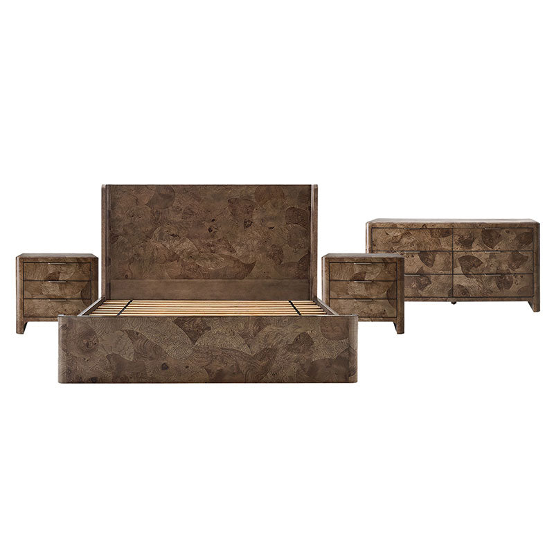Virel 4-Piece Modern Marquetry Bedroom Set with 6-Drawer Dresser