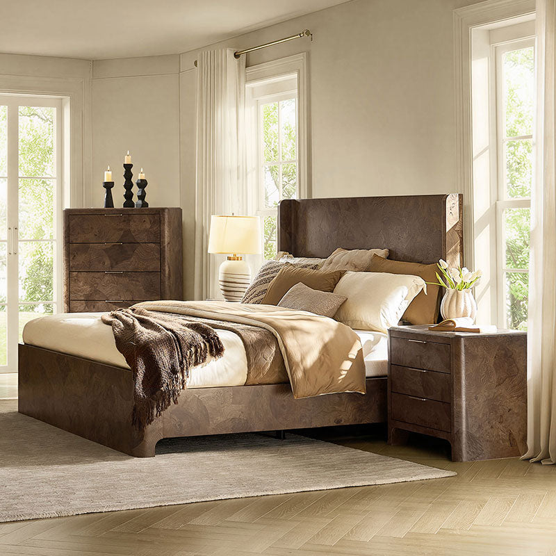 Virel 4-Piece Modern Marquetry Bedroom Set with 5-Drawer Chest