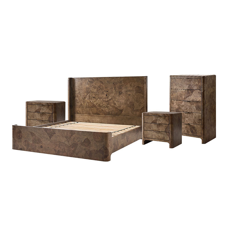 Virel 4-Piece Modern Marquetry Bedroom Set with 5-Drawer Chest
