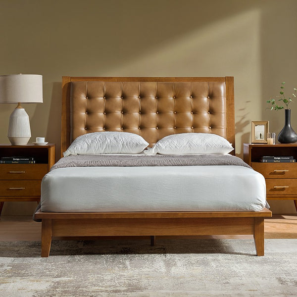 Genuine Leather Solid Wood Platform Bed