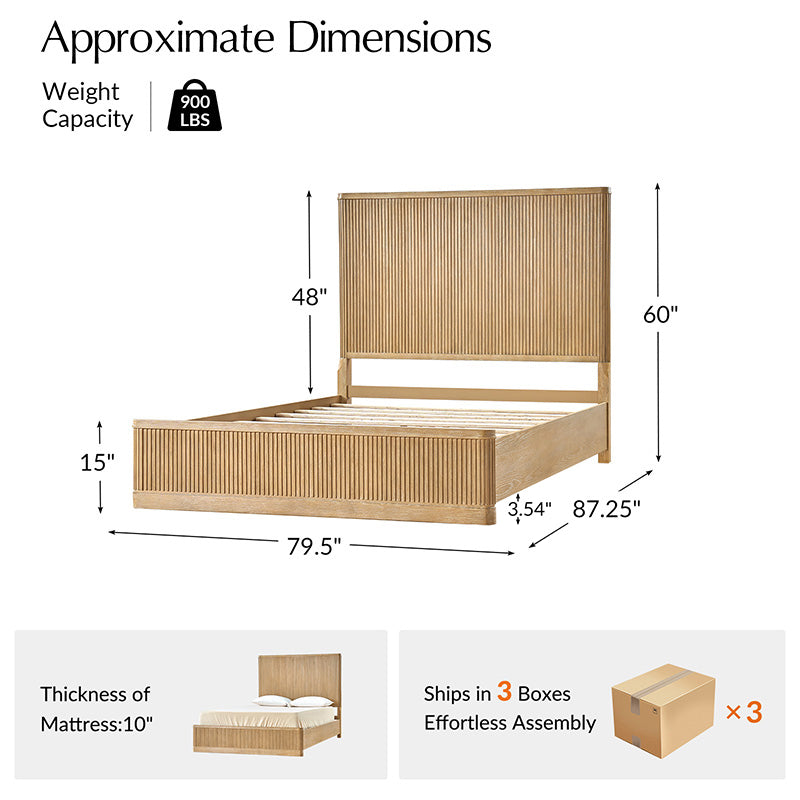 Modern Solid Wood Fluted Bed with Oak Texture
