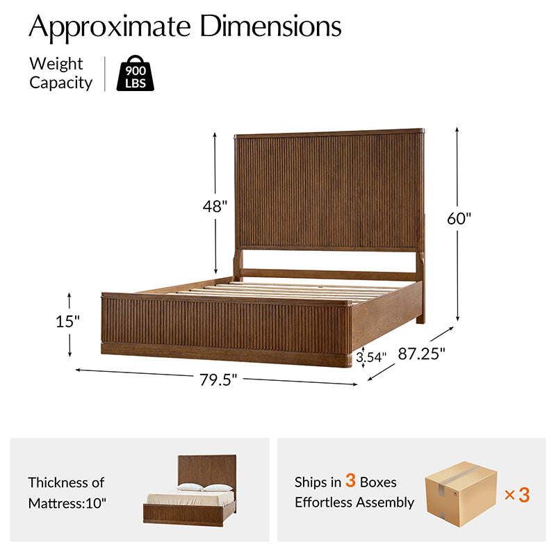 Modern Solid Wood Fluted Bed with Oak Texture