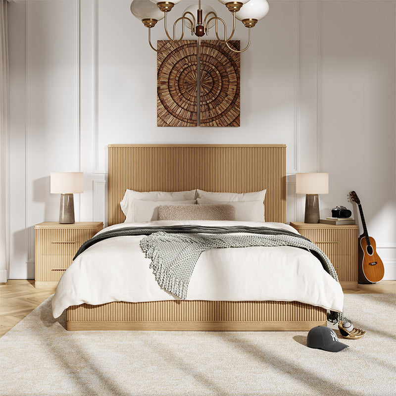 Fluted solid wood bed with oak finish, modern bedroom furniture made from real oak, durable and timeless.